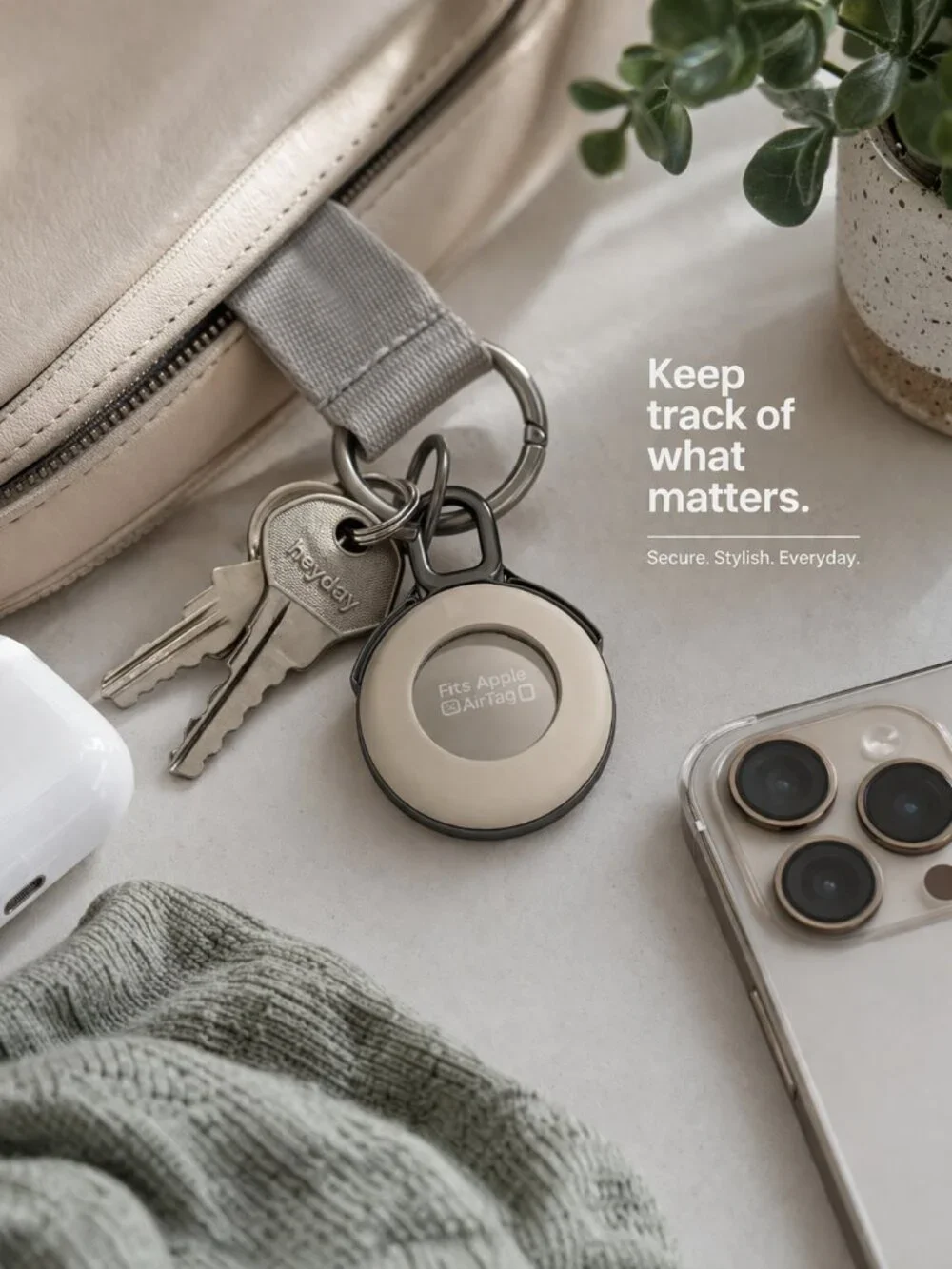 Heyday AirTag Holder Keychain Beige Case Fits Apple AirTag Beige Secure Clip